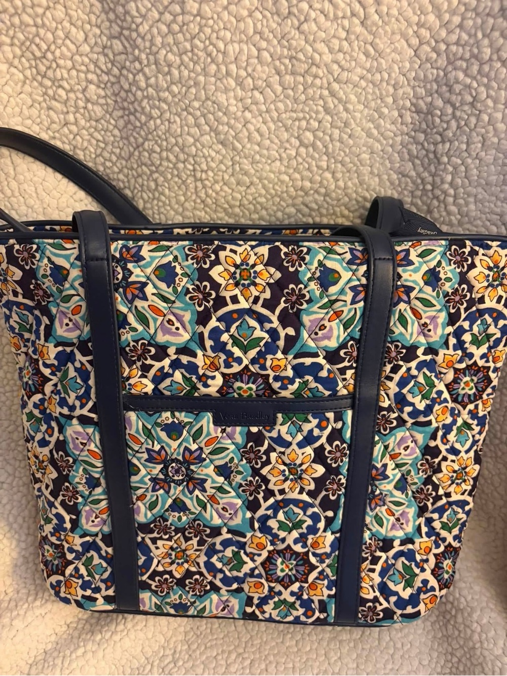 Vera Bradley Small Trimmed Tote in the “Lisbon Medallion Cool” pattern